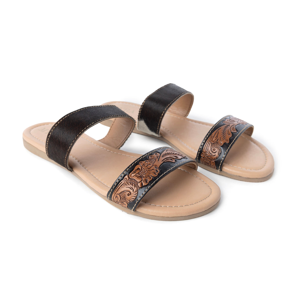 Myra Tambra Mesa Embossed Hairon Leather Slides for Women - Black Tooled Strap, Comfort Footbed for All-Day Style