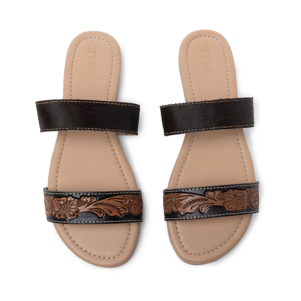 Myra Tambra Mesa Embossed Hairon Leather Slides for Women - Black Tooled Strap, Comfort Footbed for All-Day Style