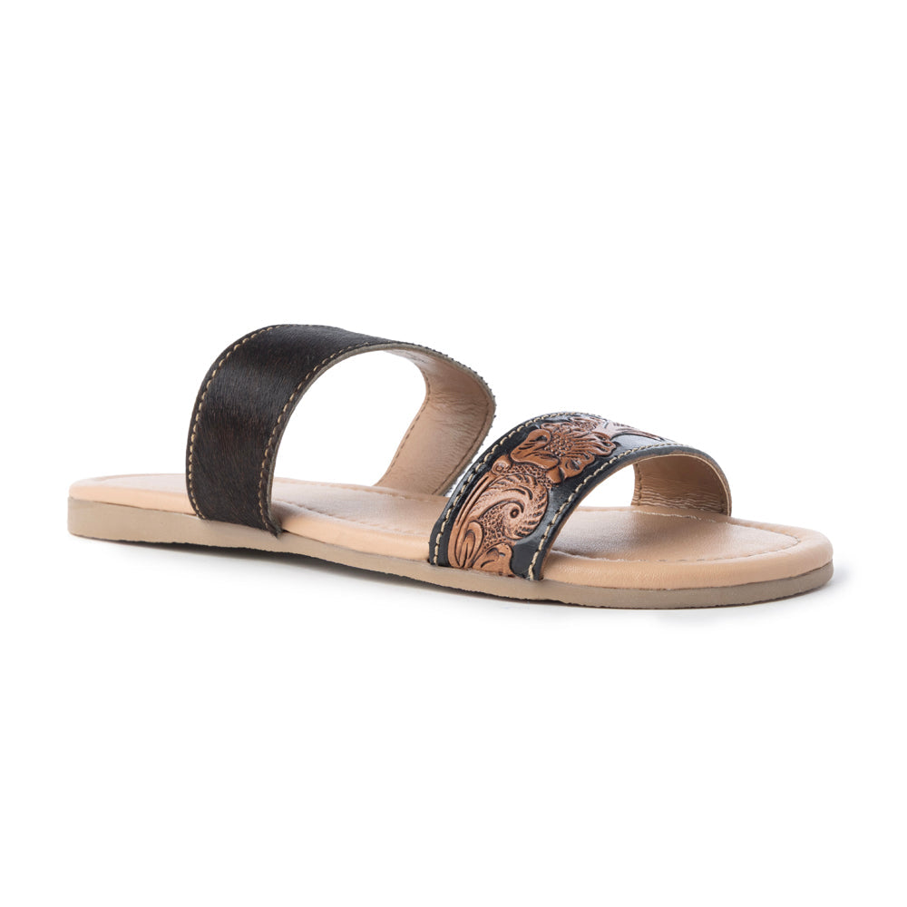 Myra Tambra Mesa Embossed Hairon Leather Slides for Women - Black Tooled Strap, Comfort Footbed for All-Day Style