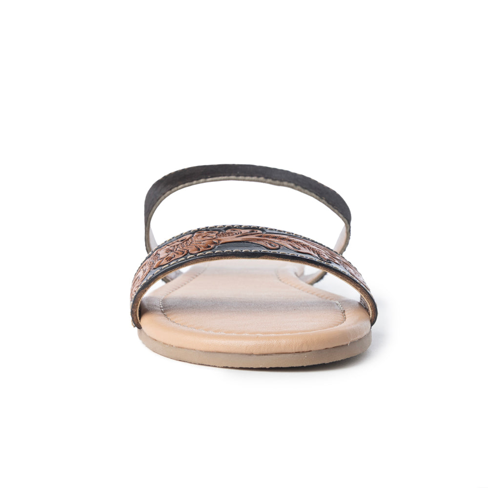 Myra Tambra Mesa Embossed Hairon Leather Slides for Women - Black Tooled Strap, Comfort Footbed for All-Day Style