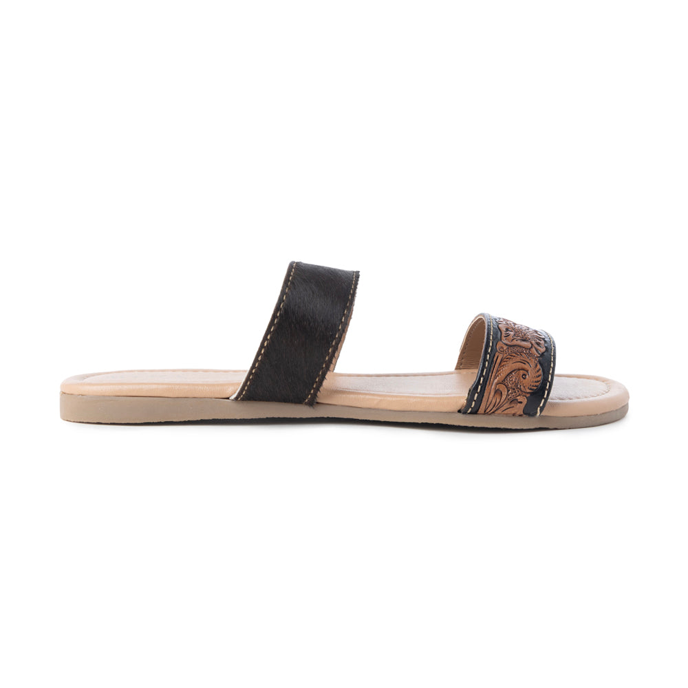 Myra Tambra Mesa Embossed Hairon Leather Slides for Women - Black Tooled Strap, Comfort Footbed for All-Day Style
