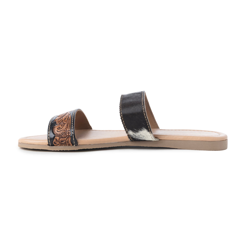 Myra Tambra Mesa Embossed Hairon Leather Slides for Women - Black Tooled Strap, Comfort Footbed for All-Day Style
