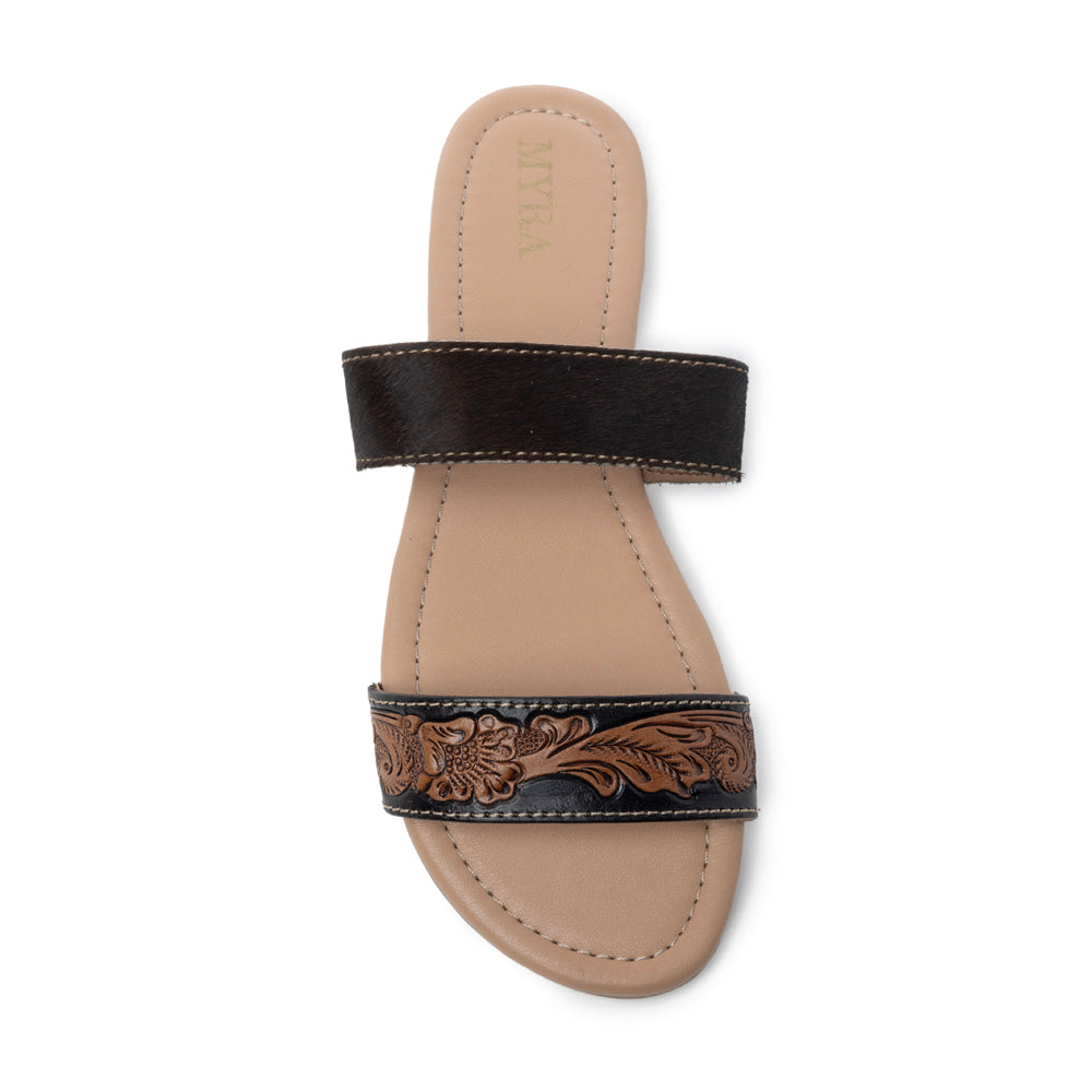 Myra Tambra Mesa Embossed Hairon Leather Slides for Women - Black Tooled Strap, Comfort Footbed for All-Day Style