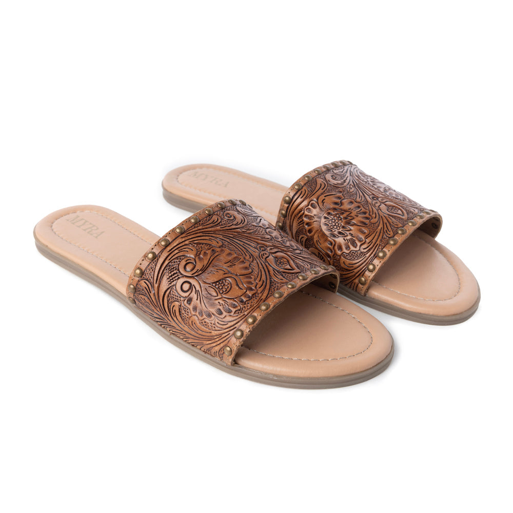 Myra Kasandra Handtooled Leather Slip-Ons for Women – Western Slides with Tooled Floral Design and Padded Insole