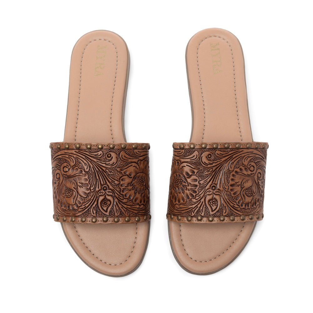 Myra Kasandra Handtooled Leather Slip-Ons for Women – Western Slides with Tooled Floral Design and Padded Insole