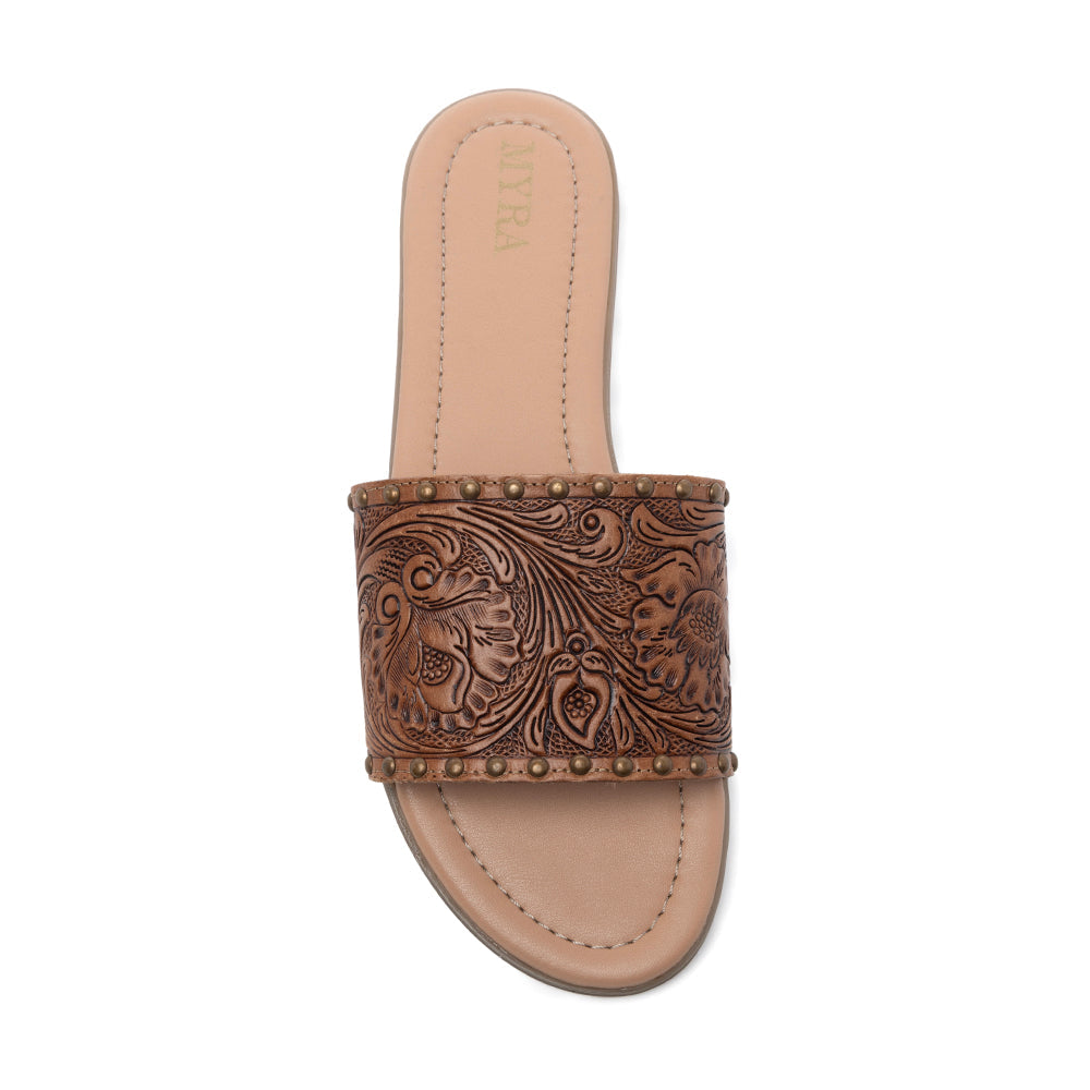 Myra Kasandra Handtooled Leather Slip-Ons for Women – Western Slides with Tooled Floral Design and Padded Insole