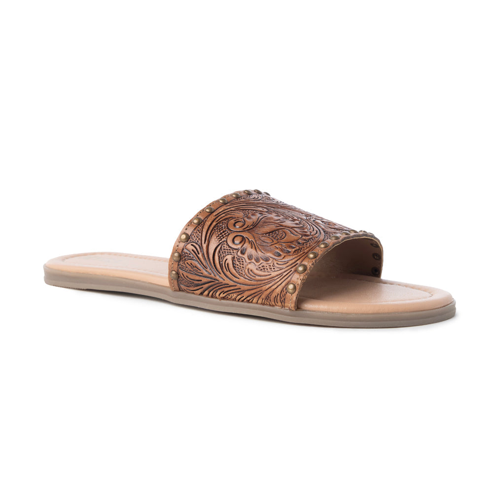 Myra Kasandra Handtooled Leather Slip-Ons for Women – Western Slides with Tooled Floral Design and Padded Insole