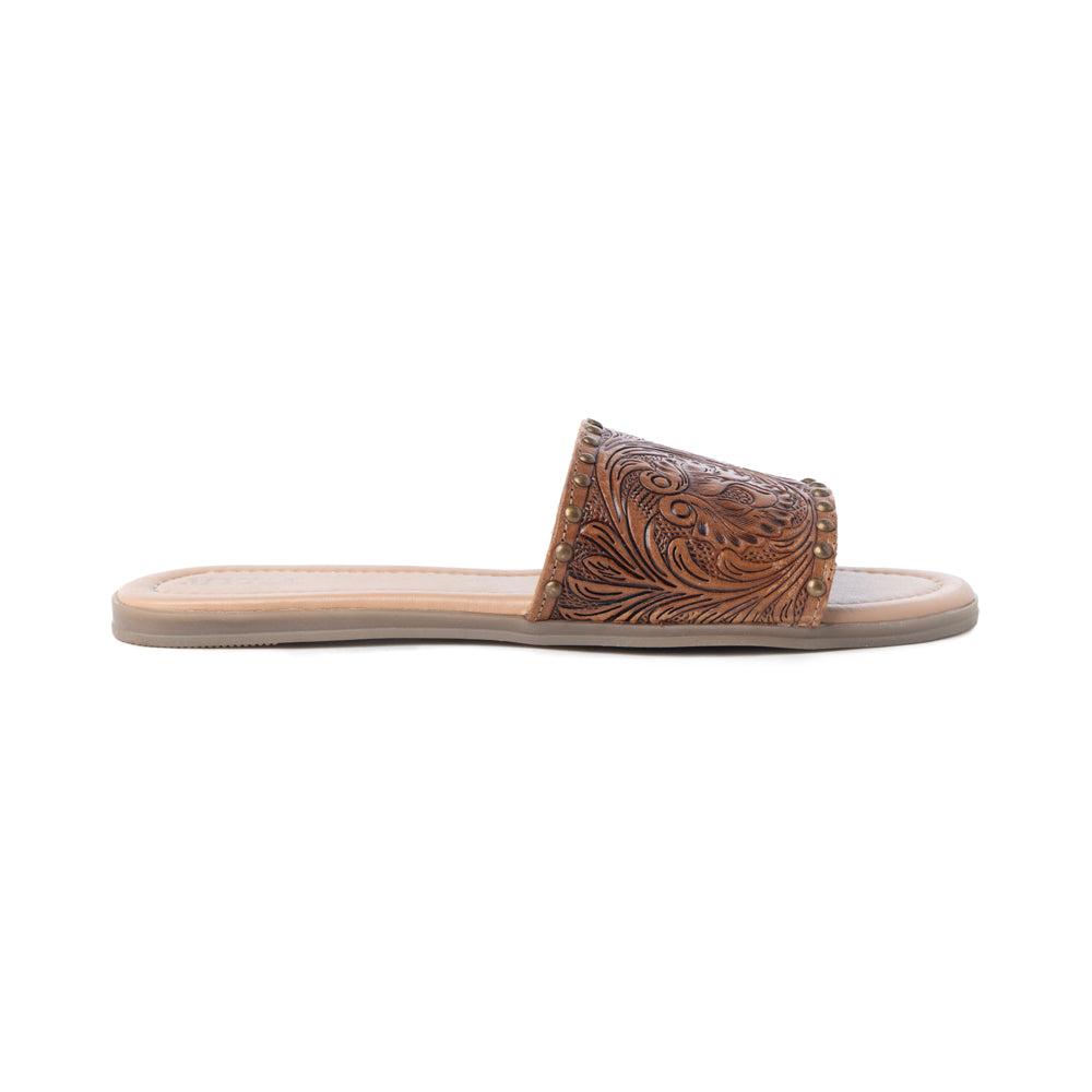 Myra Kasandra Handtooled Leather Slip-Ons for Women – Western Slides with Tooled Floral Design and Padded Insole