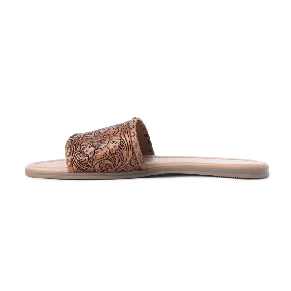 Myra Kasandra Handtooled Leather Slip-Ons for Women – Western Slides with Tooled Floral Design and Padded Insole