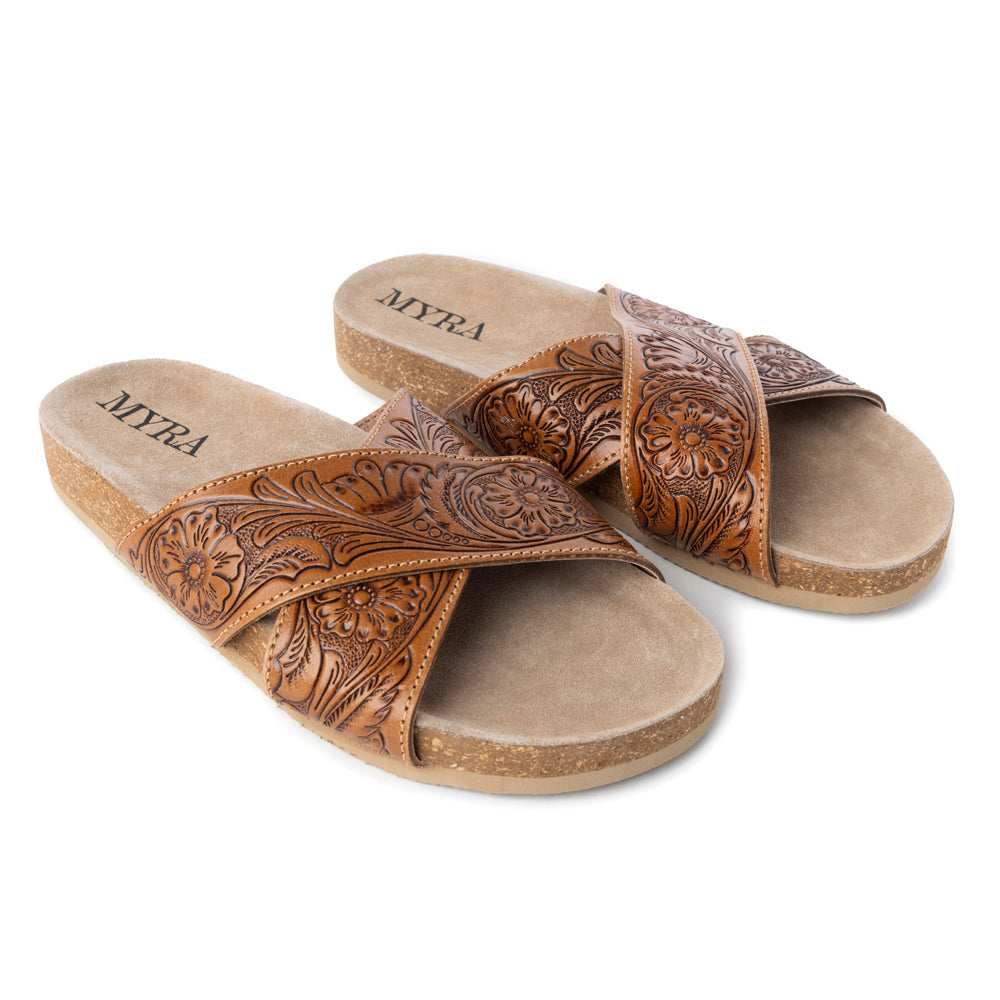 Myra Gracie Handtooled Leather Sandals for Women – Western Criss-Cross Slides with Cork Sole for Ranch, Rodeo, and Everyday Comfort