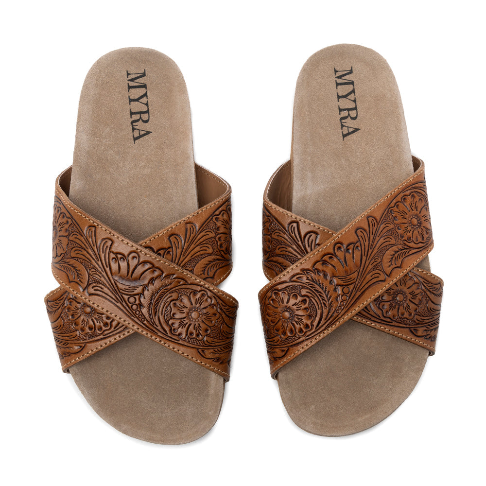 Myra Gracie Handtooled Leather Sandals for Women – Western Criss-Cross Slides with Cork Sole for Ranch, Rodeo, and Everyday Comfort