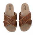 Myra Gracie Handtooled Leather Sandals for Women – Western Criss-Cross Slides with Cork Sole for Ranch, Rodeo, and Everyday Comfort