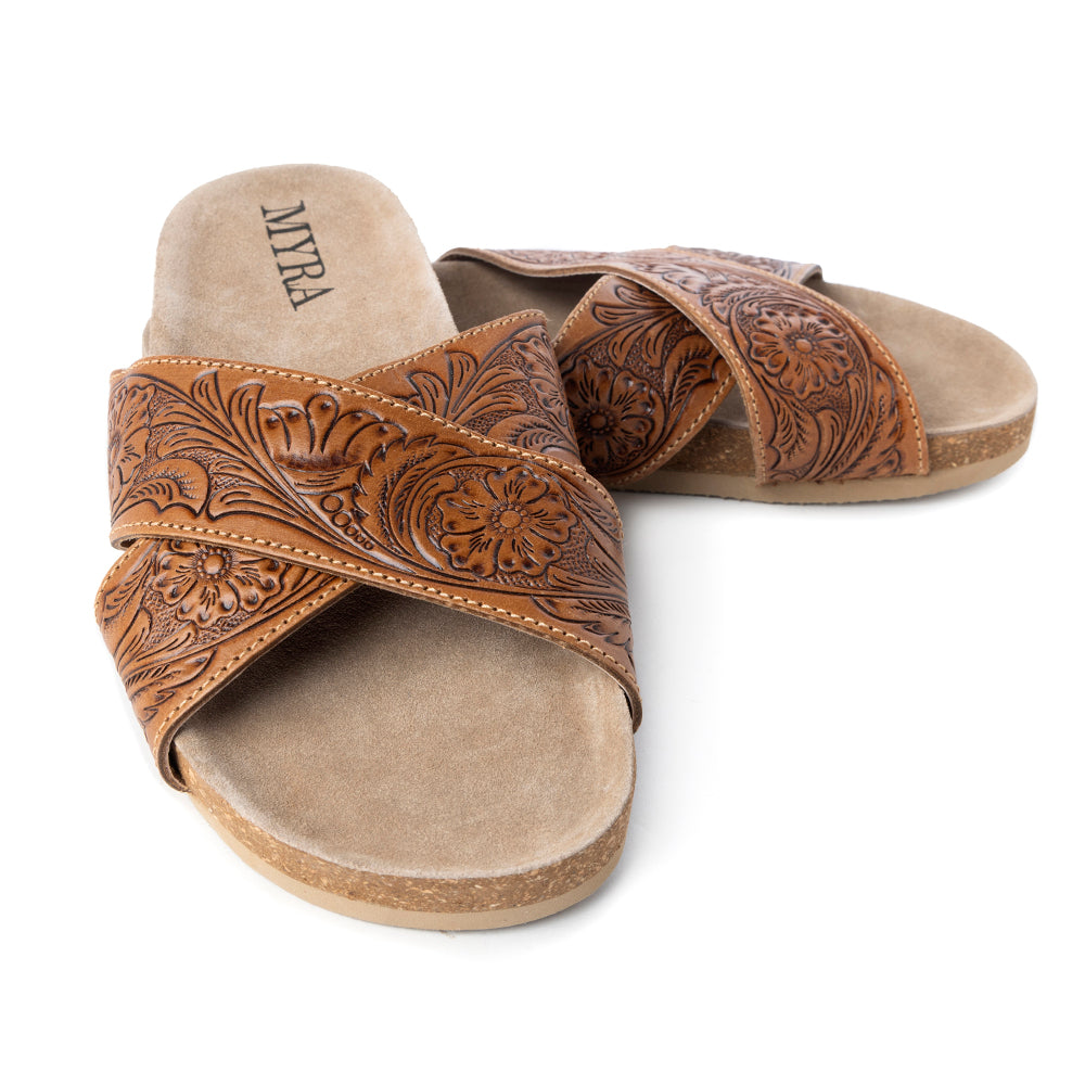 Myra Gracie Handtooled Leather Sandals for Women – Western Criss-Cross Slides with Cork Sole for Ranch, Rodeo, and Everyday Comfort