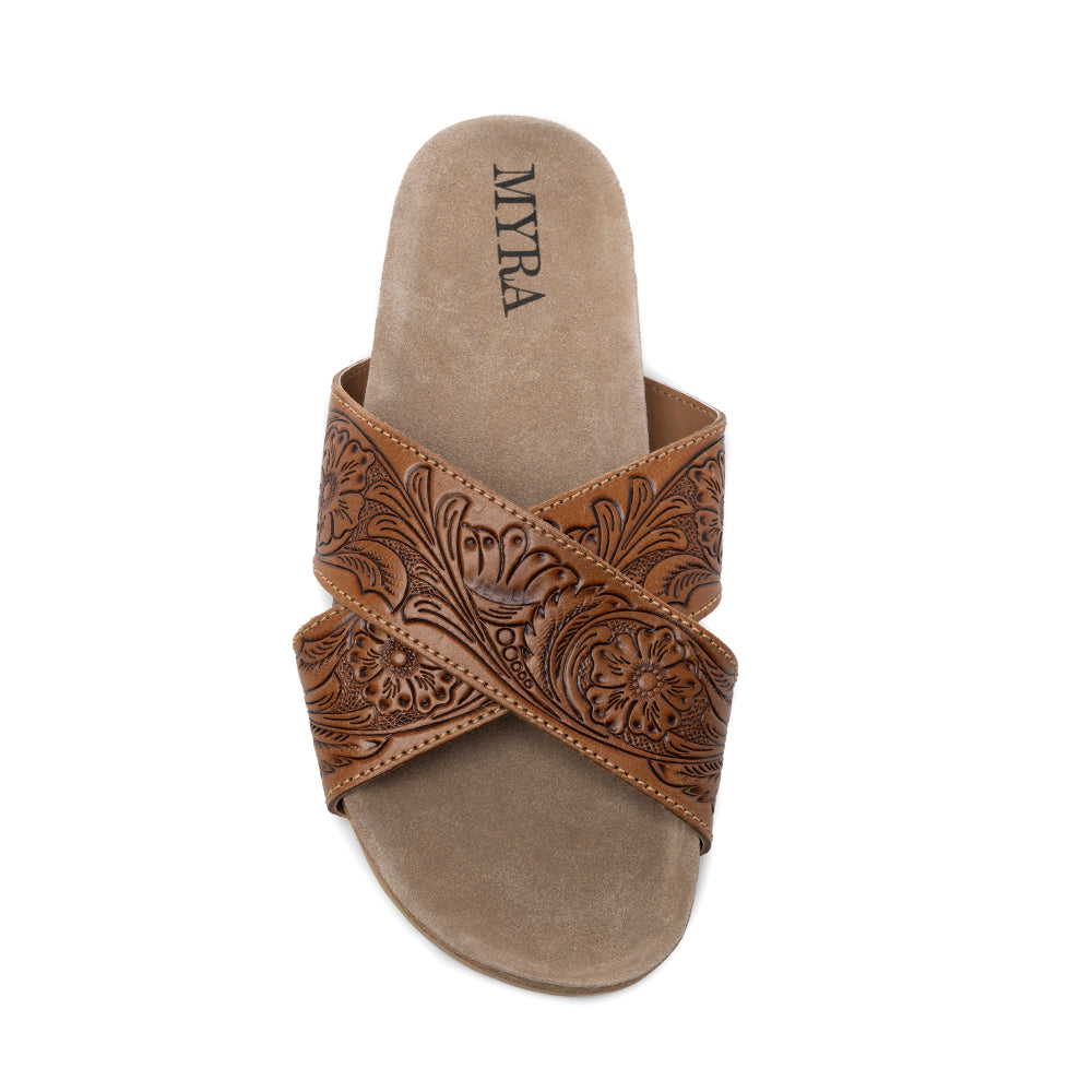 Myra Gracie Handtooled Leather Sandals for Women – Western Criss-Cross Slides with Cork Sole for Ranch, Rodeo, and Everyday Comfort