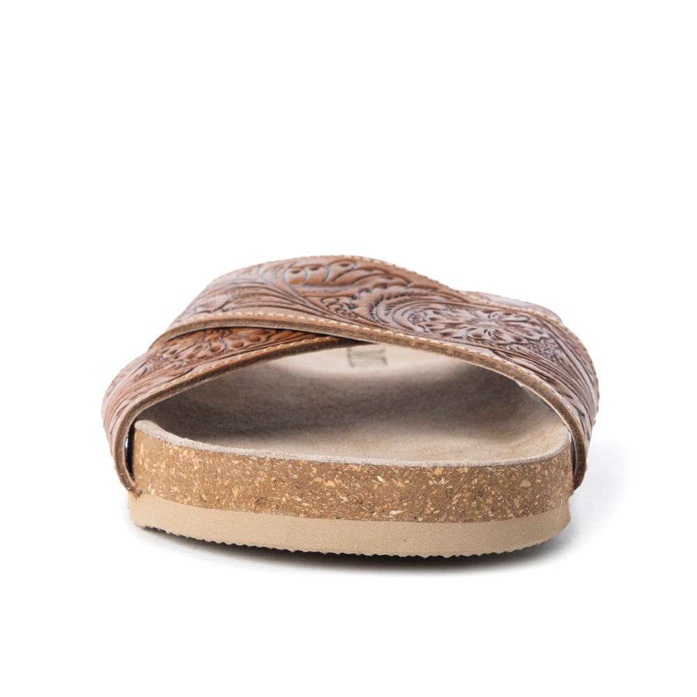 Myra Gracie Handtooled Leather Sandals for Women – Western Criss-Cross Slides with Cork Sole for Ranch, Rodeo, and Everyday Comfort