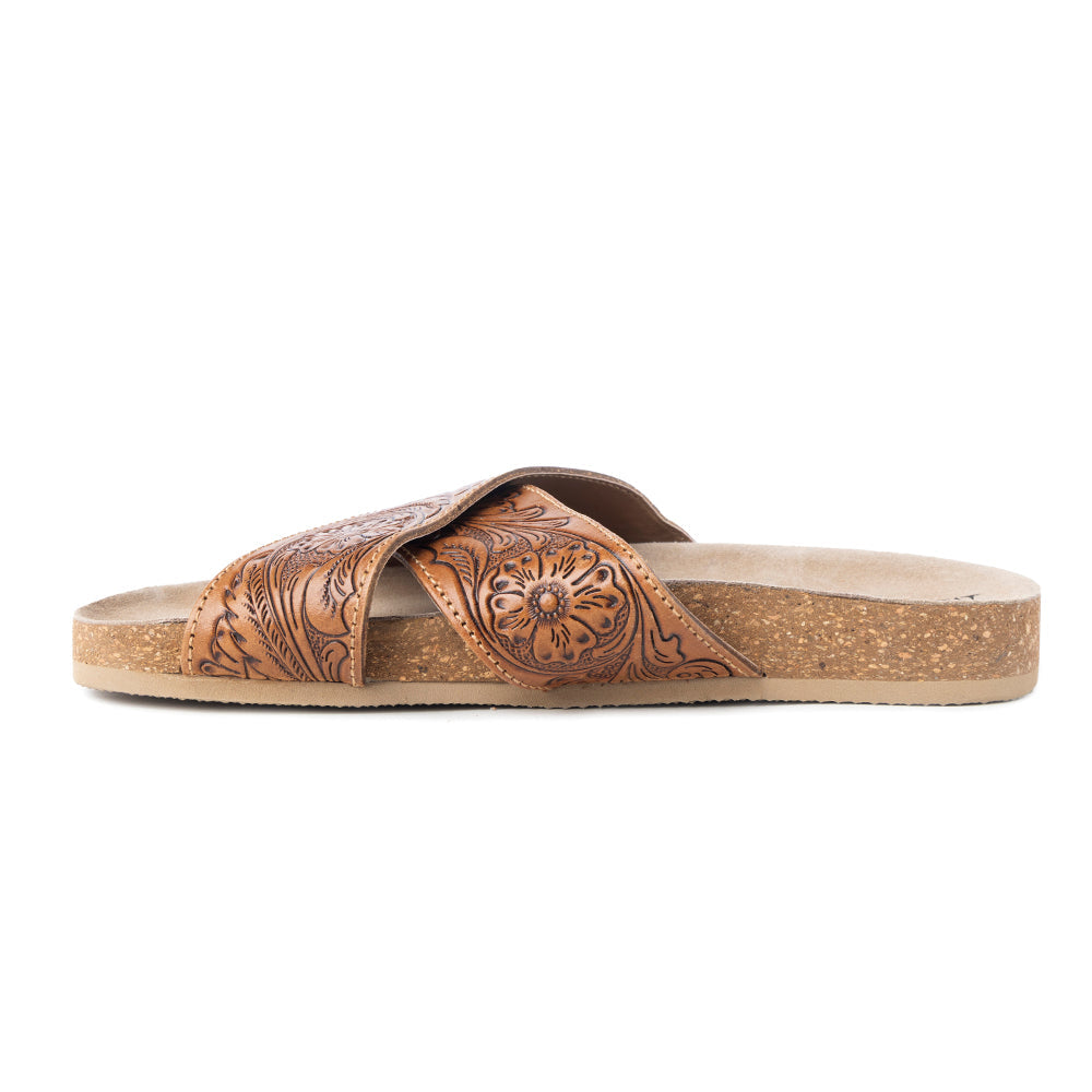 Myra Gracie Handtooled Leather Sandals for Women – Western Criss-Cross Slides with Cork Sole for Ranch, Rodeo, and Everyday Comfort
