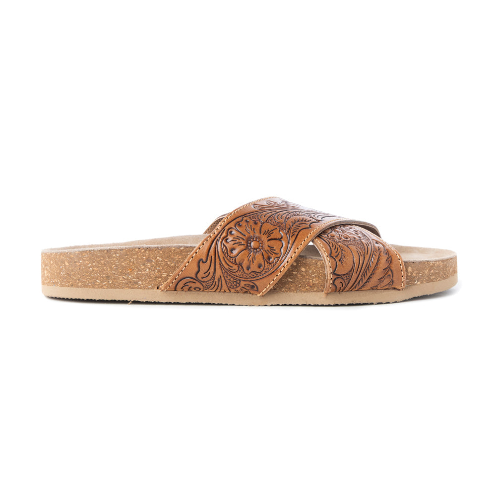 Myra Gracie Handtooled Leather Sandals for Women – Western Criss-Cross Slides with Cork Sole for Ranch, Rodeo, and Everyday Comfort