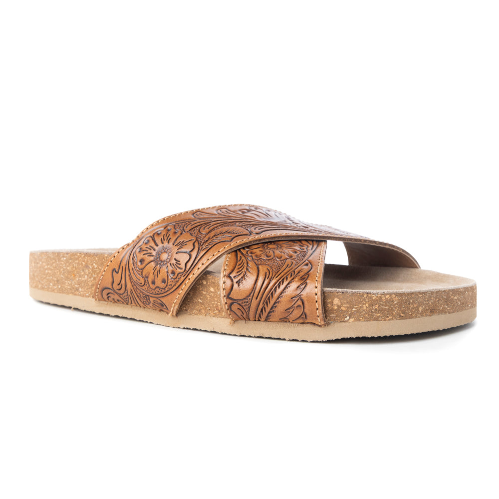 Myra Gracie Handtooled Leather Sandals for Women – Western Criss-Cross Slides with Cork Sole for Ranch, Rodeo, and Everyday Comfort