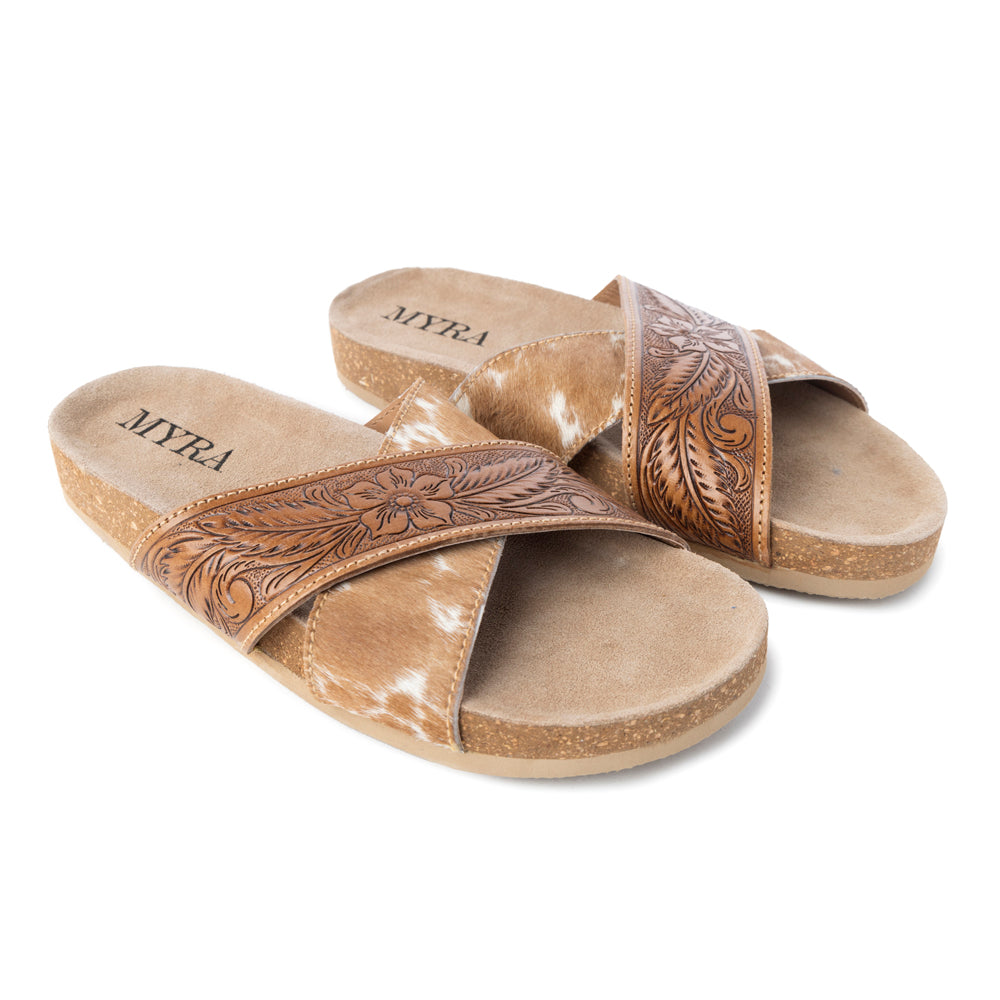 Myra Prairie Handtooled Leather Slide Sandals for Women â€“ Floral Western Design, Soft Cork Footbed for Comfort