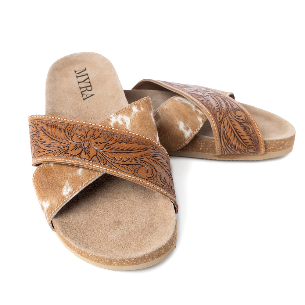 Myra Prairie Handtooled Leather Slide Sandals for Women â€“ Floral Western Design, Soft Cork Footbed for Comfort