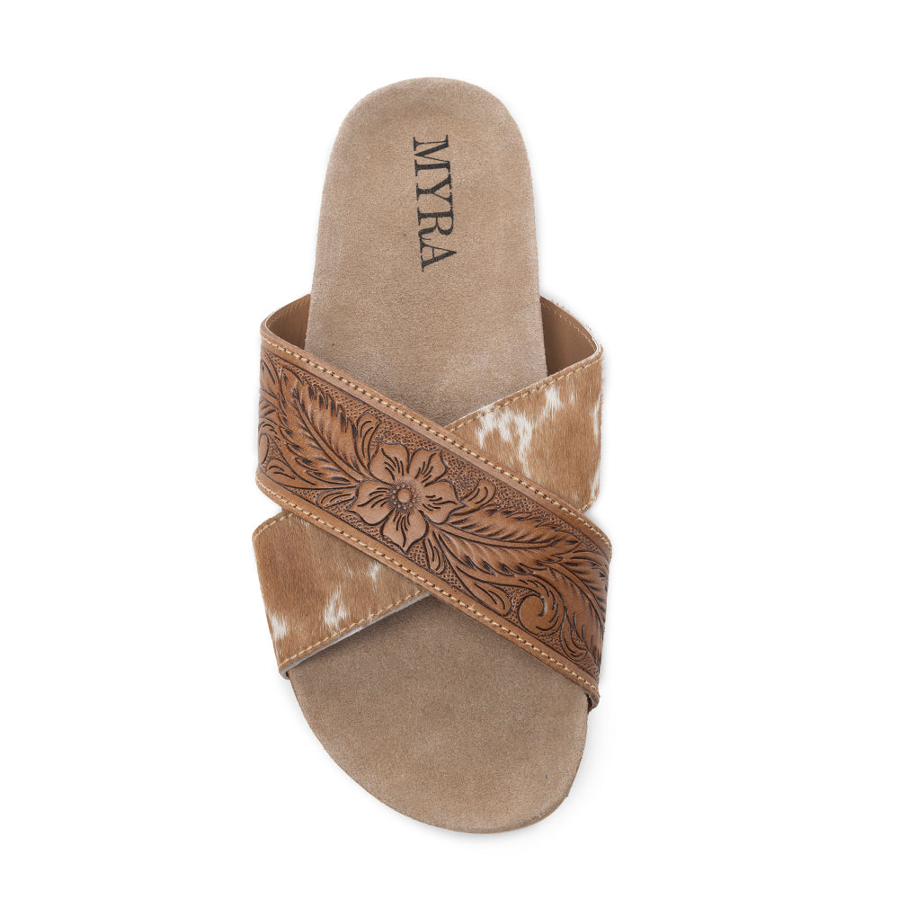 Myra Prairie Handtooled Leather Slide Sandals for Women â€“ Floral Western Design, Soft Cork Footbed for Comfort