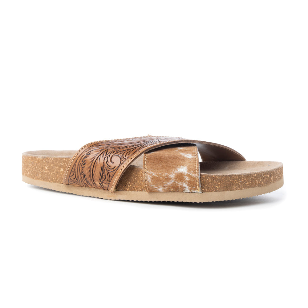 Myra Prairie Handtooled Leather Slide Sandals for Women â€“ Floral Western Design, Soft Cork Footbed for Comfort