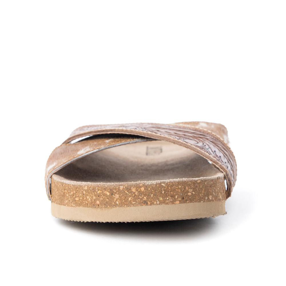 Myra Prairie Handtooled Leather Slide Sandals for Women â€“ Floral Western Design, Soft Cork Footbed for Comfort