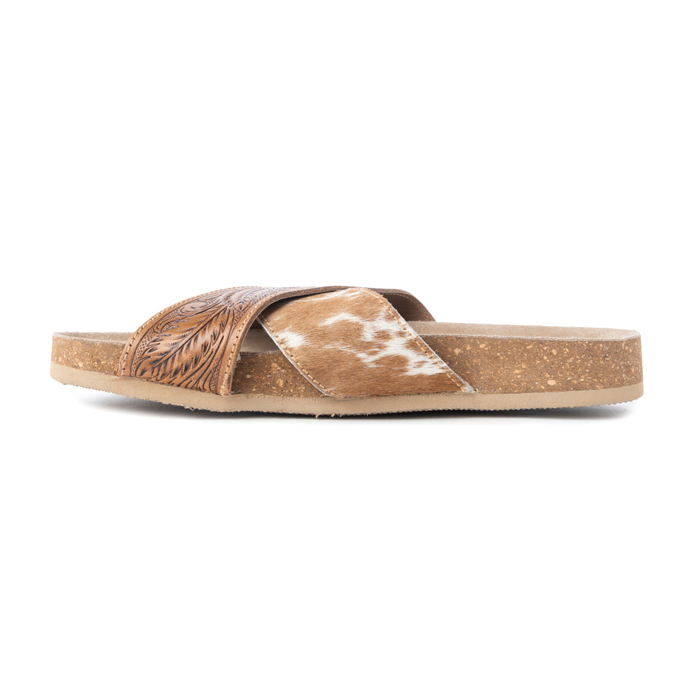Myra Prairie Handtooled Leather Slide Sandals for Women â€“ Floral Western Design, Soft Cork Footbed for Comfort