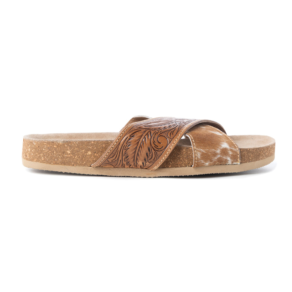Myra Prairie Handtooled Leather Slide Sandals for Women â€“ Floral Western Design, Soft Cork Footbed for Comfort