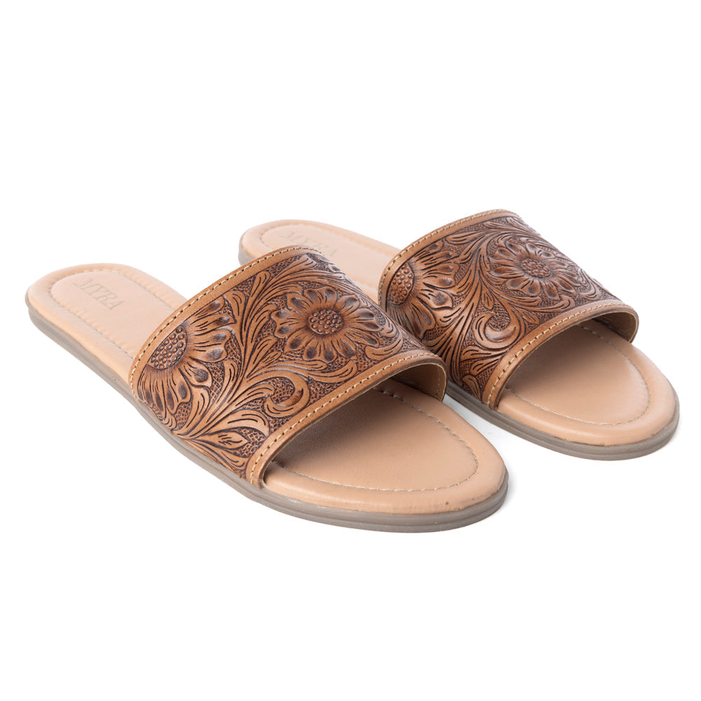 Myra Xena Leather Sandals for Women - Handtooled Floral Pattern Slip-on Sandals for Everyday Bohemian Comfort