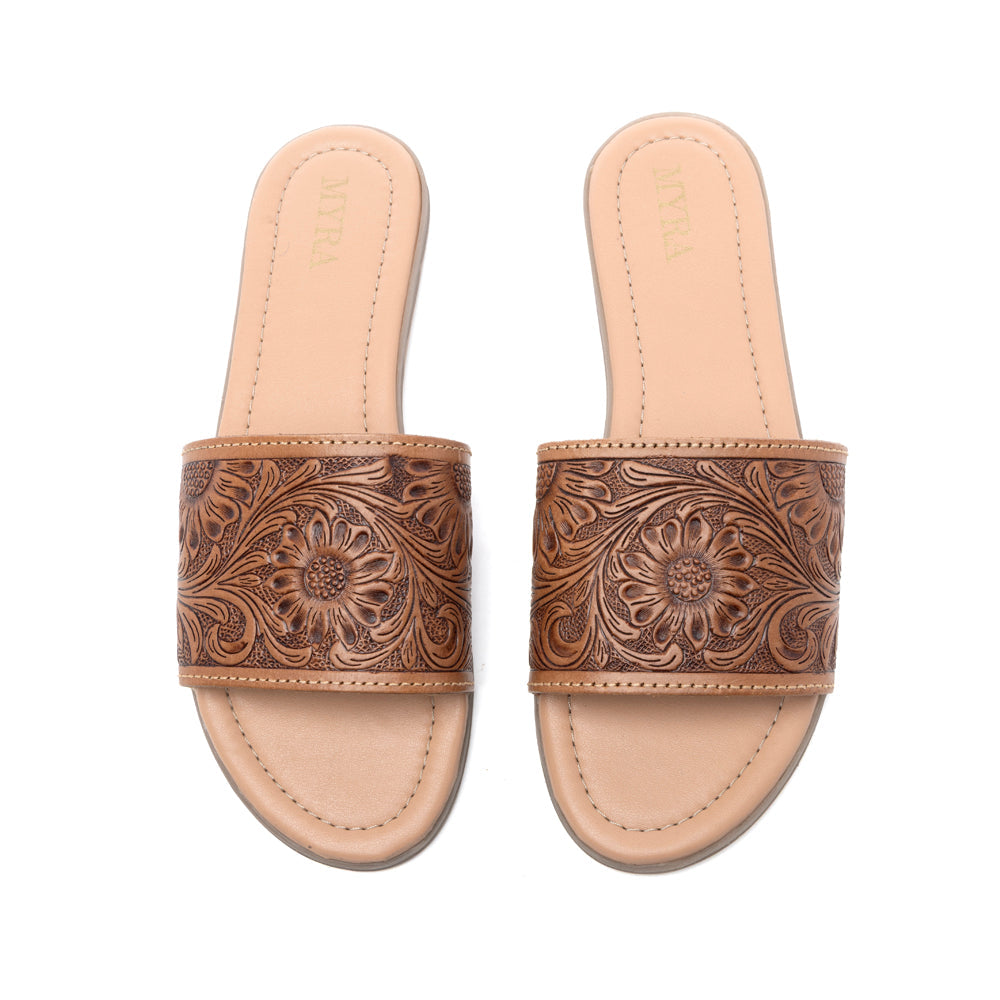 Myra Xena Leather Sandals for Women - Handtooled Floral Pattern Slip-on Sandals for Everyday Bohemian Comfort