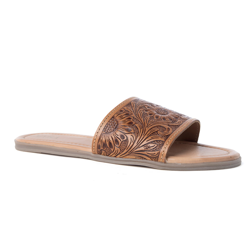 Myra Xena Leather Sandals for Women - Handtooled Floral Pattern Slip-on Sandals for Everyday Bohemian Comfort