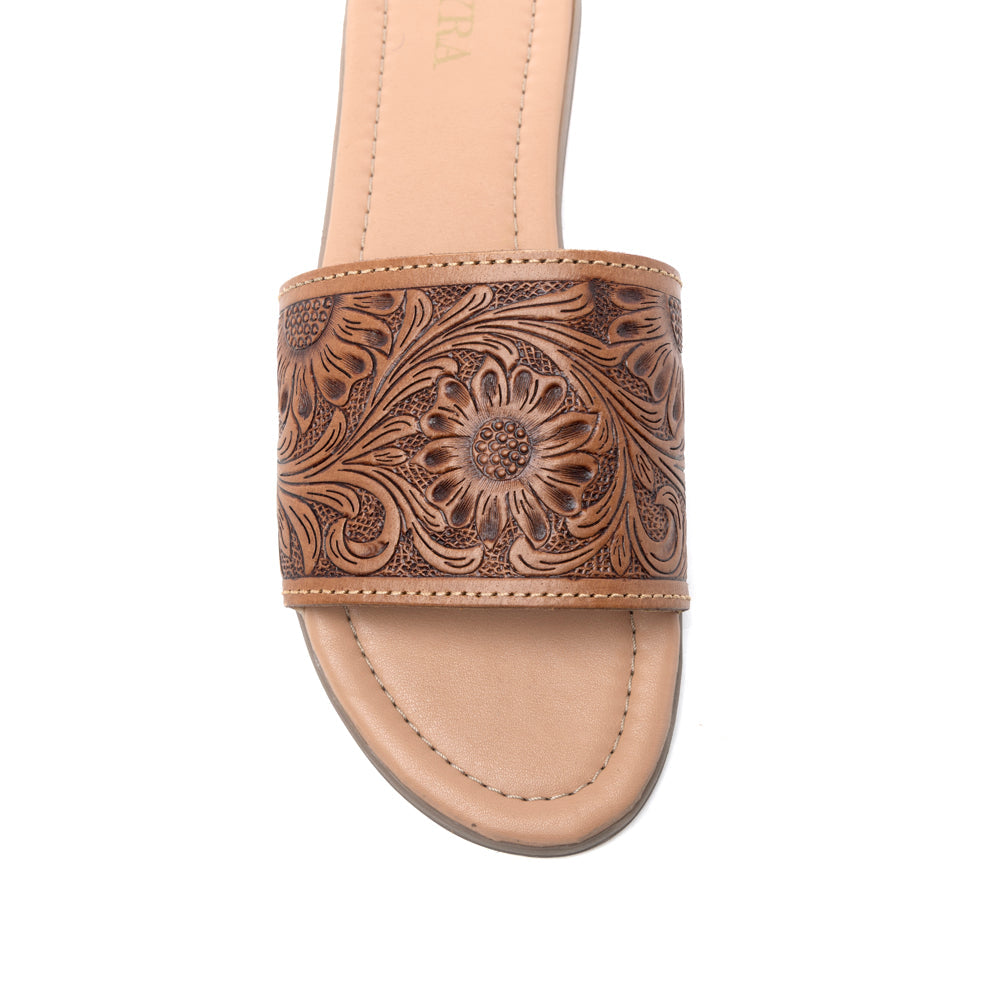 Myra Xena Leather Sandals for Women - Handtooled Floral Pattern Slip-on Sandals for Everyday Bohemian Comfort