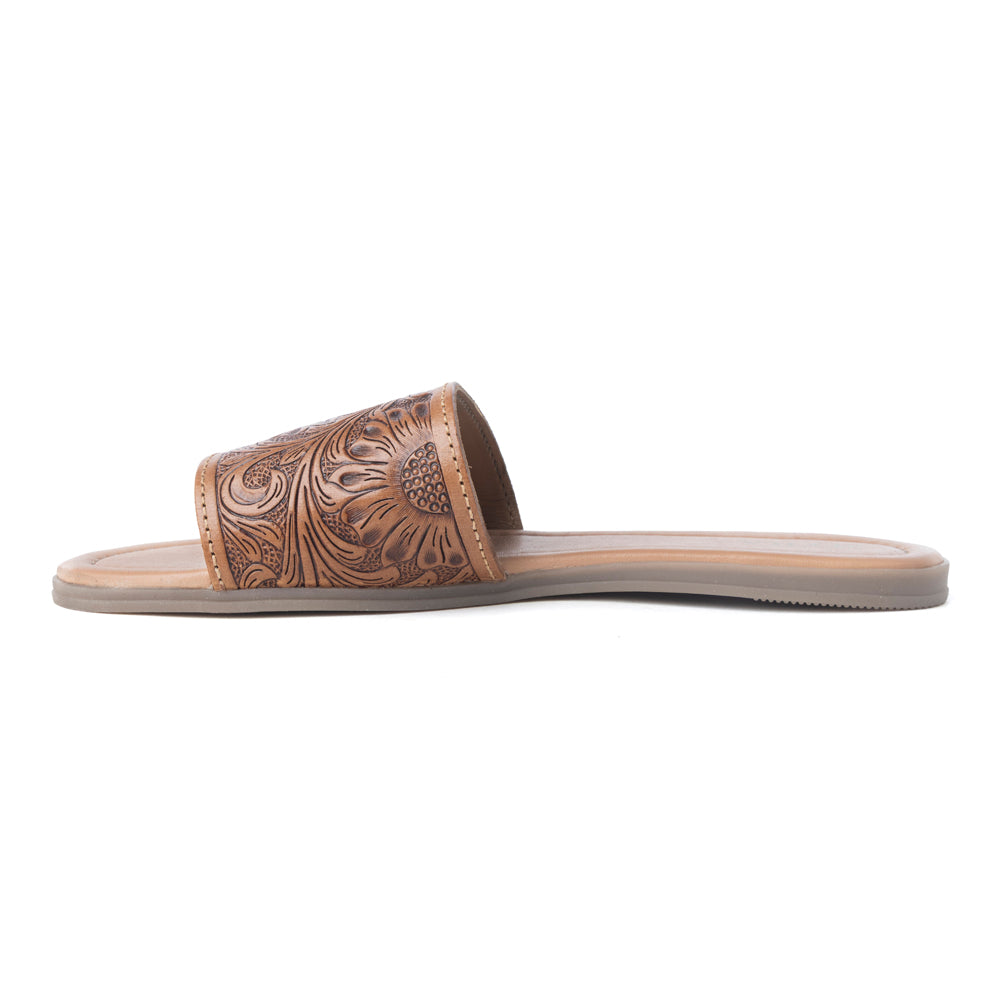 Myra Xena Leather Sandals for Women - Handtooled Floral Pattern Slip-on Sandals for Everyday Bohemian Comfort