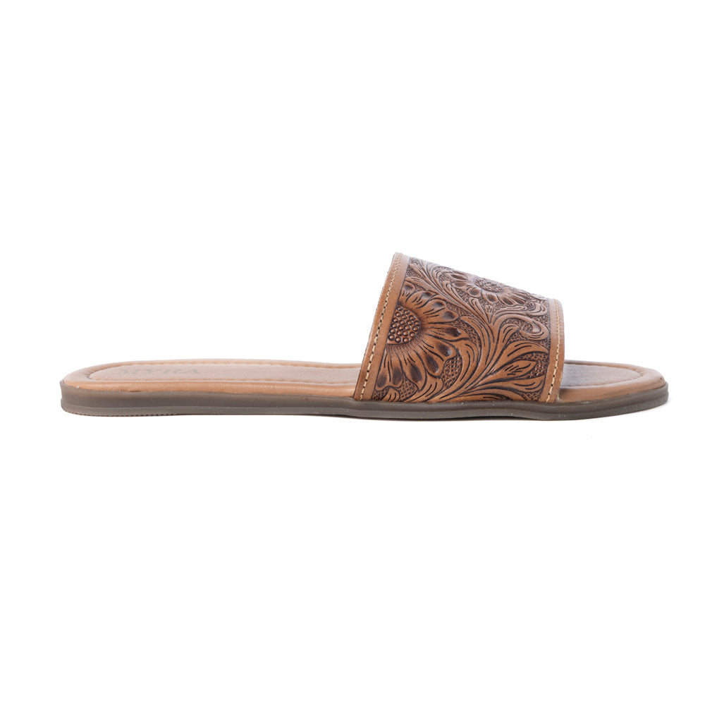 Myra Xena Leather Sandals for Women - Handtooled Floral Pattern Slip-on Sandals for Everyday Bohemian Comfort
