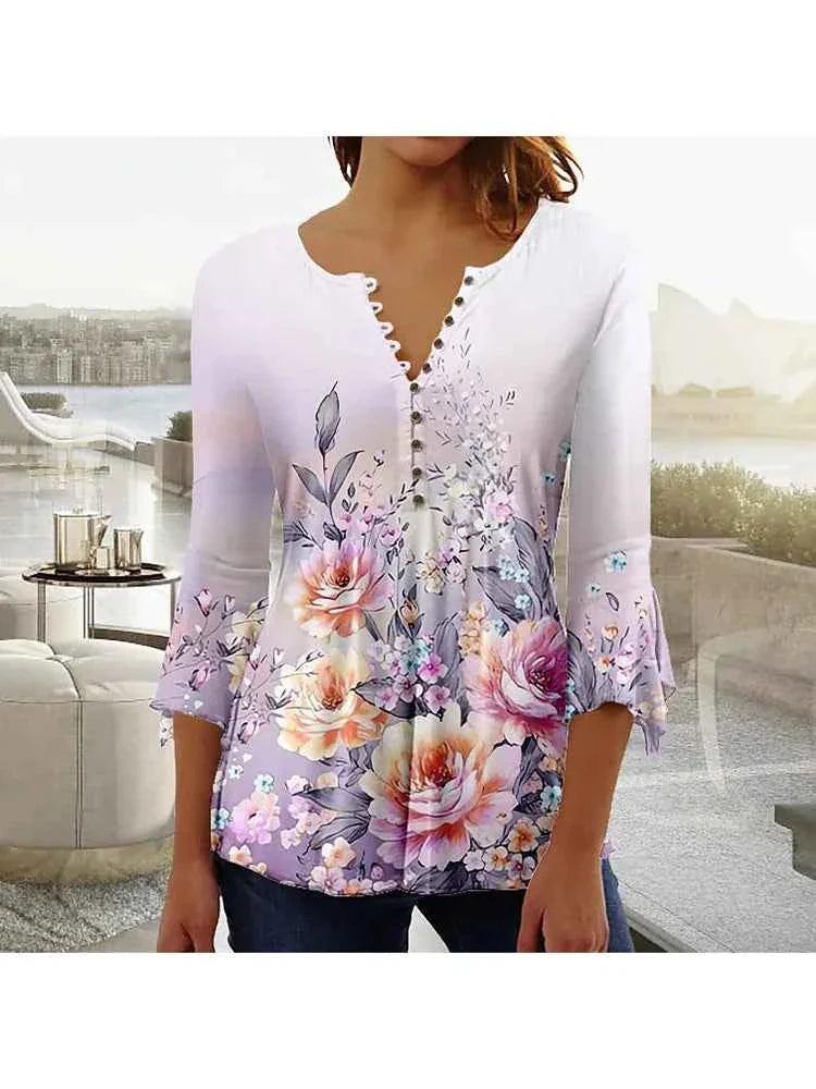 Elegant V-Neck Button T-Shirt - Women's Fashion