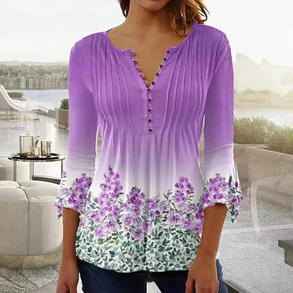 Elegant V-Neck Button T-Shirt - Women's Fashion