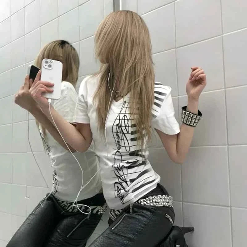 Y2K Piano Keys Grunge V-Neck Street Tee