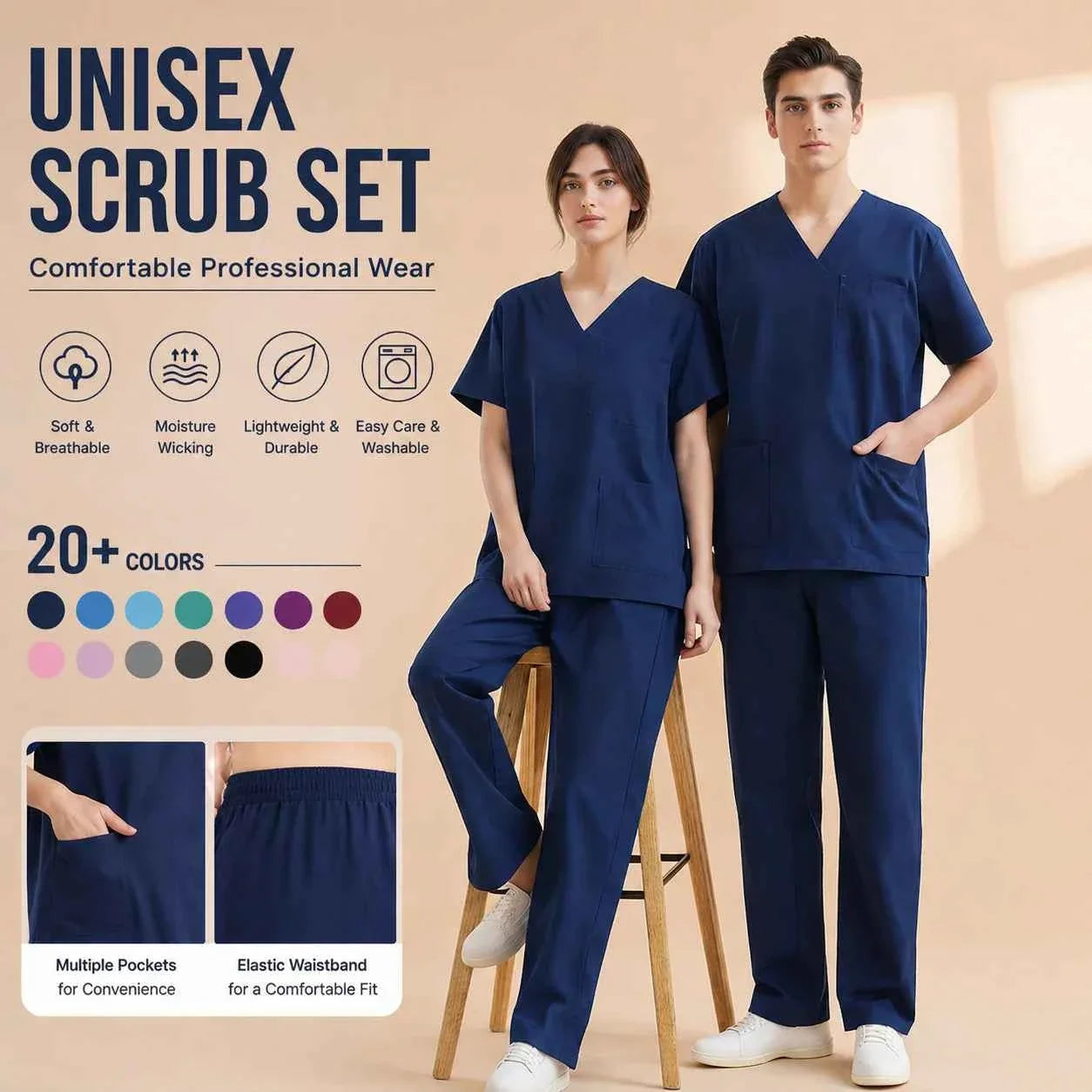 Unisex Medical Scrub Set Top & Pants Cotton