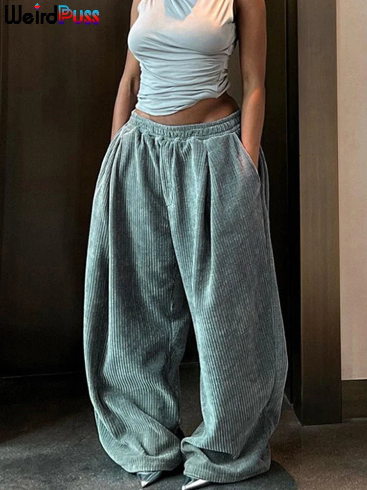 High Waist Corduroy Wide Leg Pants Women