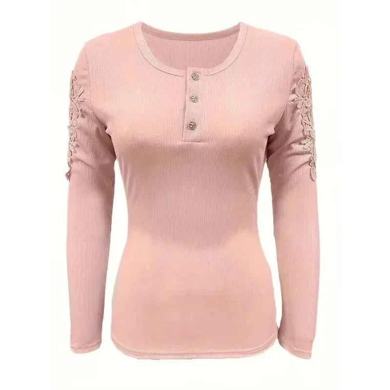 Round Neck Button Slim Fit Long Sleeve T-shirt