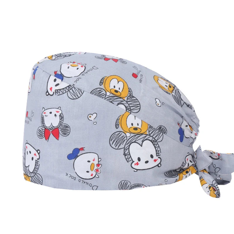Cute Bear Print Surgical Caps for Long Hair