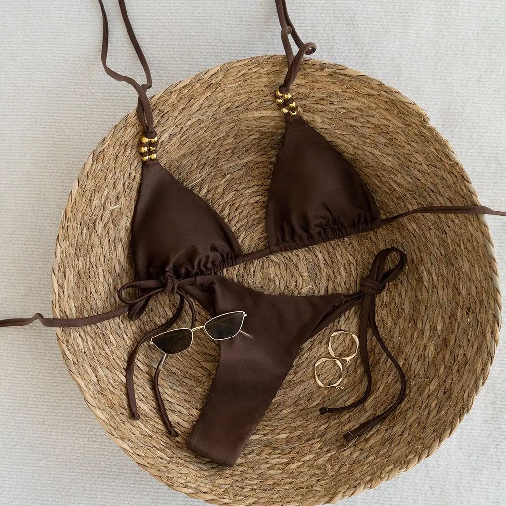 Brown Beaded Triangle Bikini Swimsuit Set