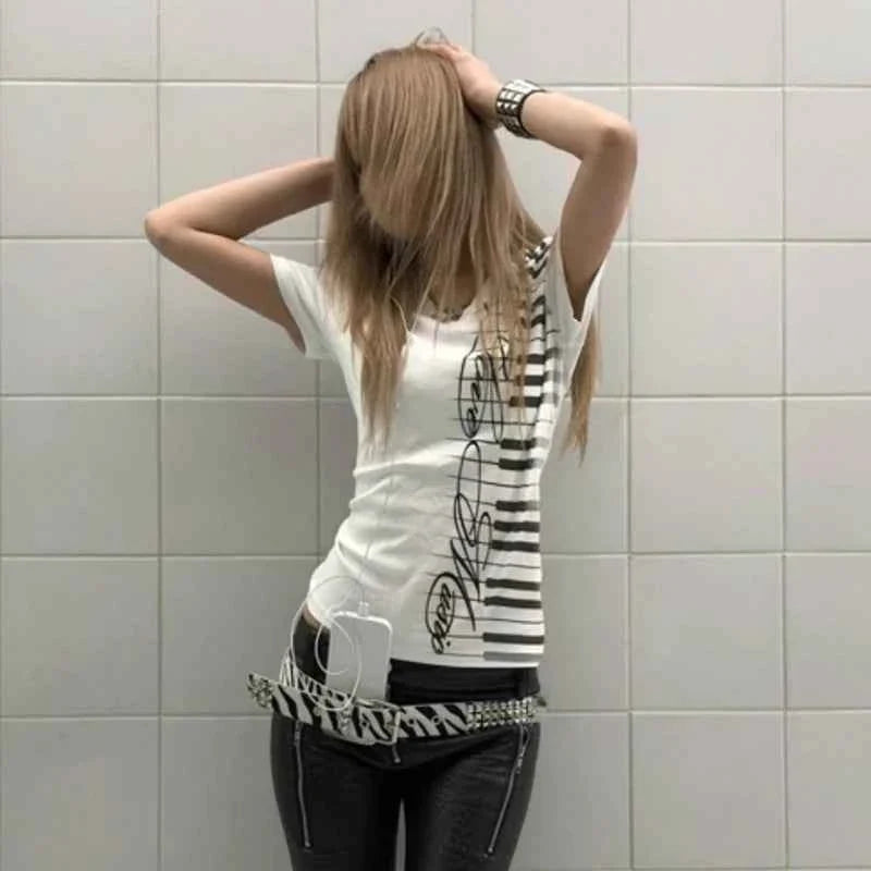 Y2K Piano Keys Grunge V-Neck Street Tee