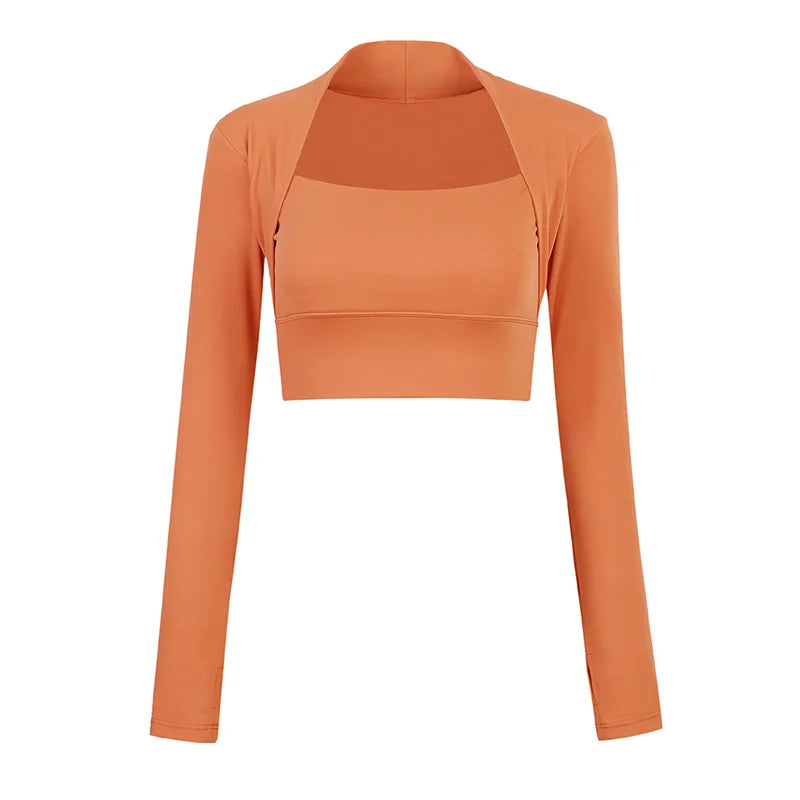 Padded Yoga Shirts Long Sleeve  Crop Tops Low Cut Gym Shirt