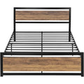 Full Metal Platform Bed Frame with Brown Wood Panel Headboard and Footboard