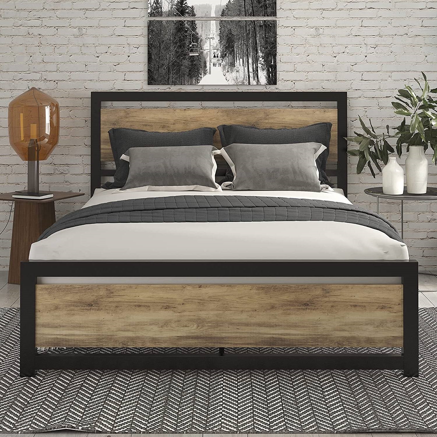 Full Metal Platform Bed Frame with Brown Wood Panel Headboard and Footboard