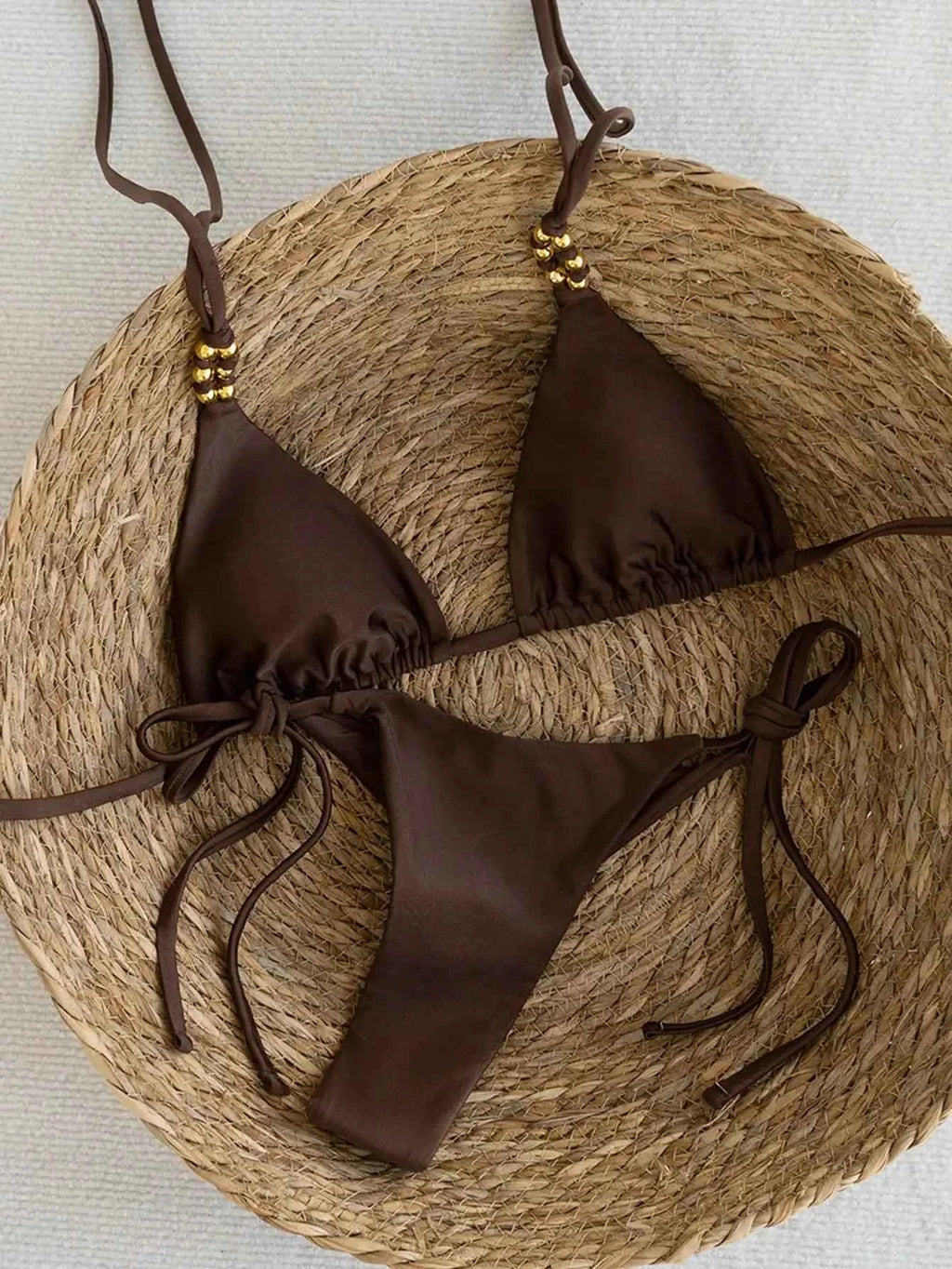 Brown Beaded Triangle Bikini Swimsuit Set