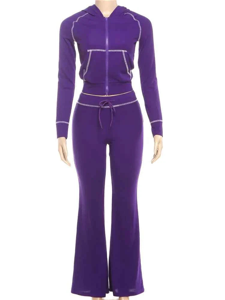 Women’s Hooded Zip Tracksuit Set Flare Pants