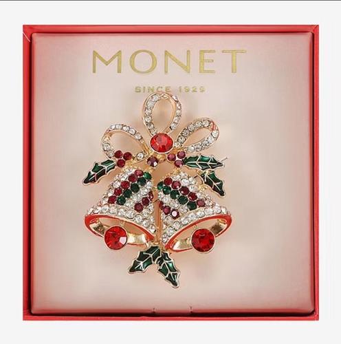 Monet Women's Christmas Bells Pin - Red, Green, Gold Glass Brooch
